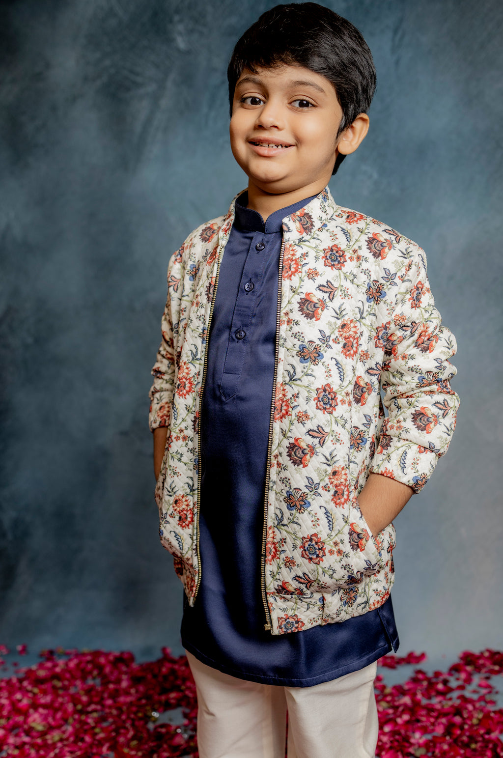CREAM FLORAL PRINTED BOMBER JACKET WITH KURTA