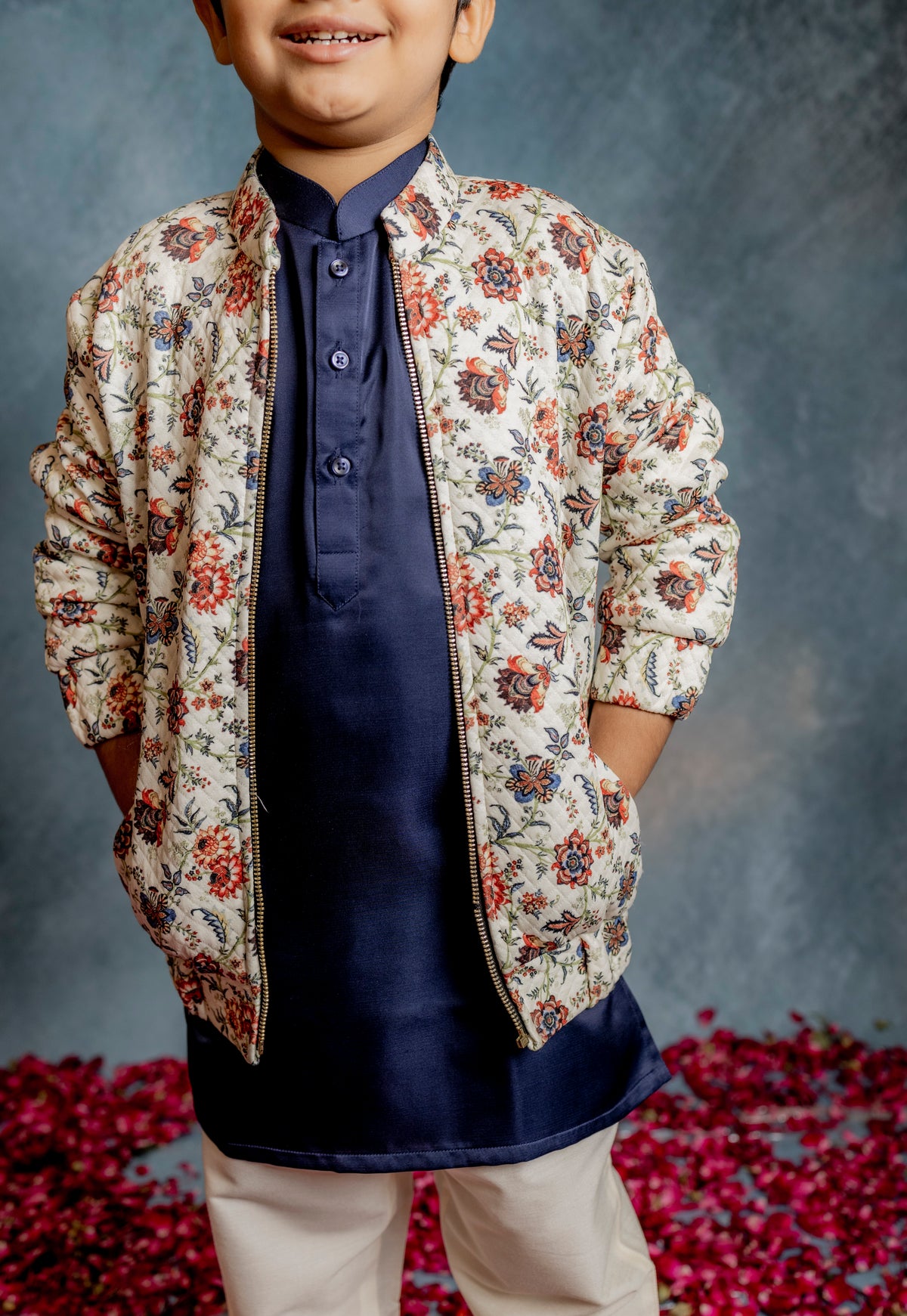 CREAM FLORAL PRINTED BOMBER JACKET WITH KURTA
