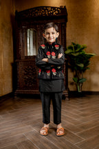 BLACK BUNDI KURTA SET WITH RED ROSE EMBROIDERY