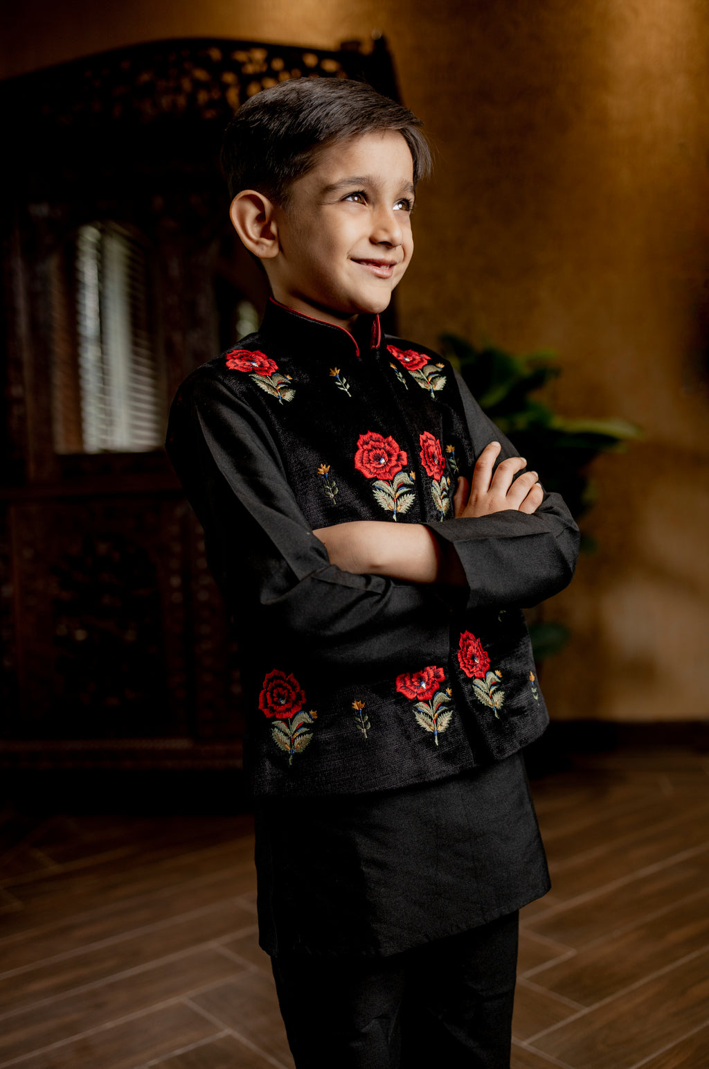 BLACK BUNDI KURTA SET WITH RED ROSE EMBROIDERY
