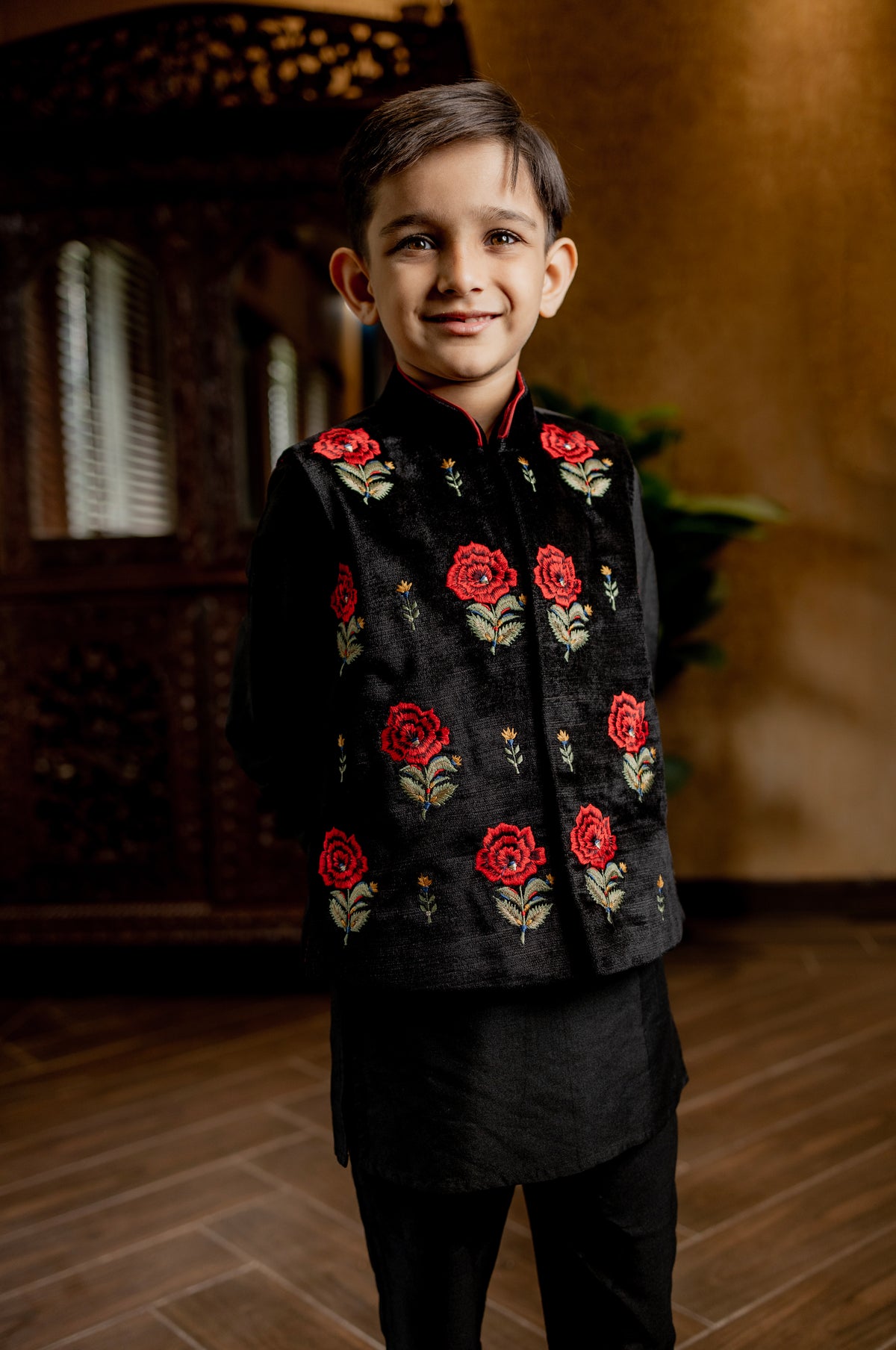 BLACK BUNDI KURTA SET WITH RED ROSE EMBROIDERY