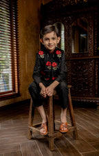BLACK BUNDI KURTA SET WITH RED ROSE EMBROIDERY