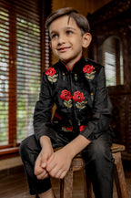 BLACK BUNDI KURTA SET WITH RED ROSE EMBROIDERY