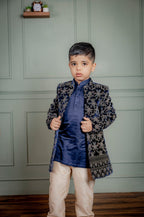 BLUE VELVET EMBROIDERED OPEN STYLE INDO WESTERN