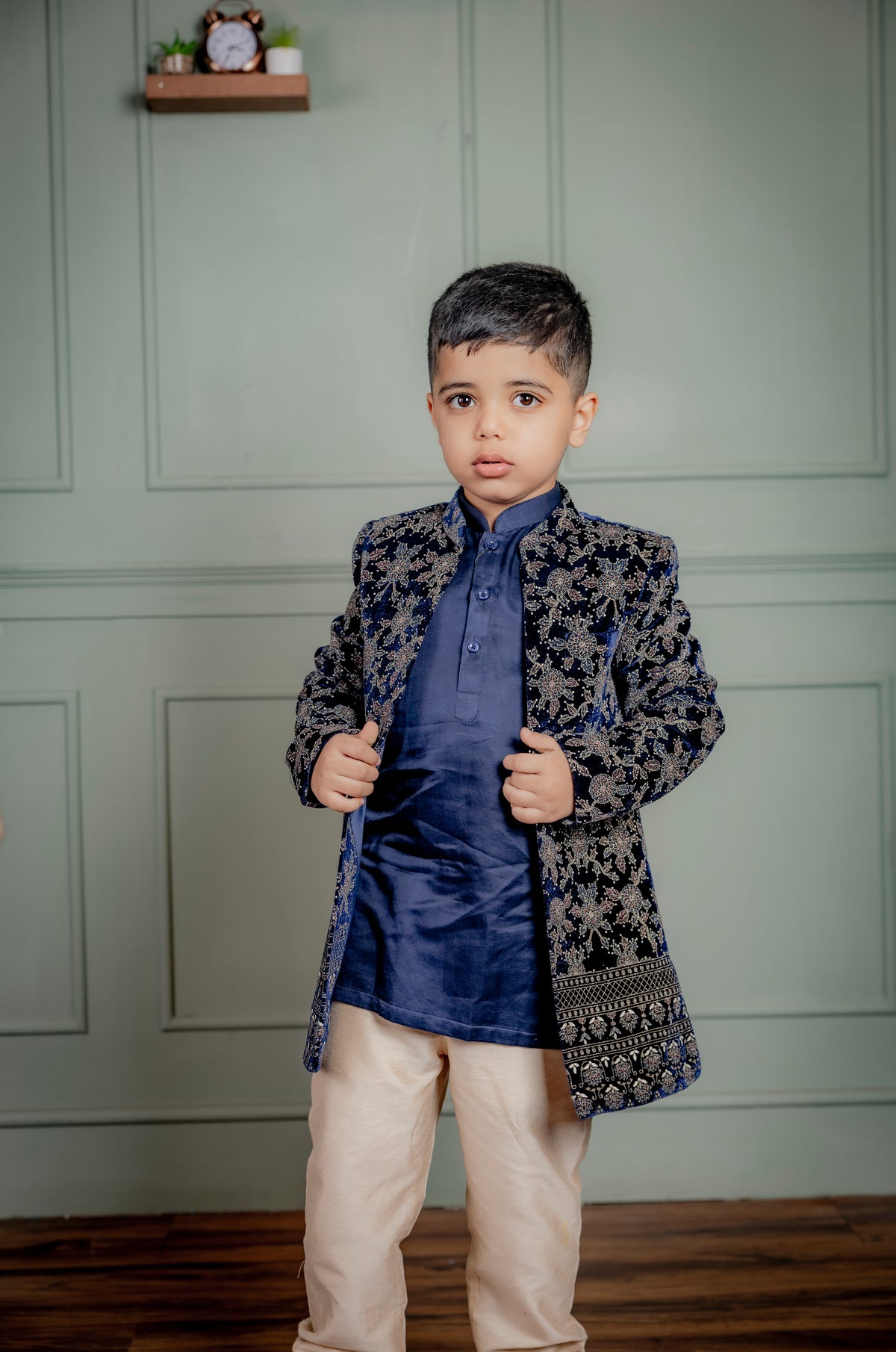 BLUE VELVET EMBROIDERED OPEN STYLE INDO WESTERN