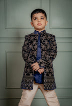 BLUE VELVET EMBROIDERED OPEN STYLE INDO WESTERN