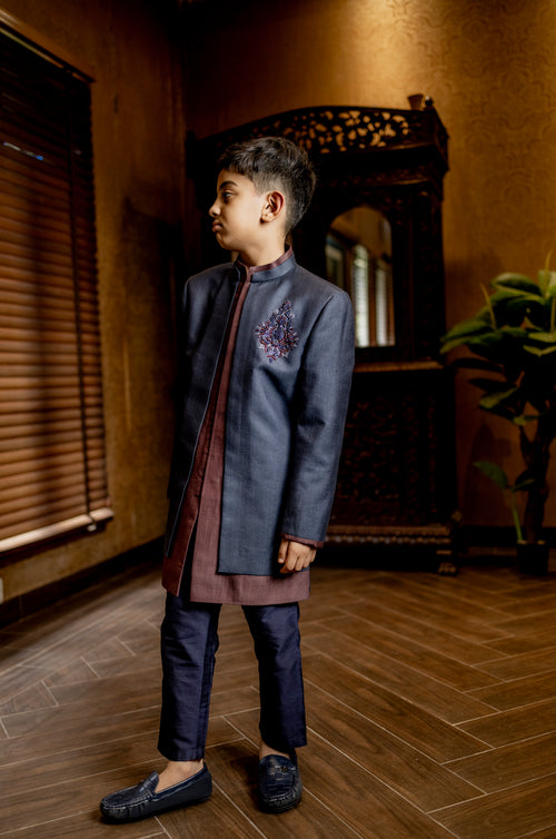 BLUE INDOWESTERN WITH HAND EMBROIDERD BUTA ON CHEST