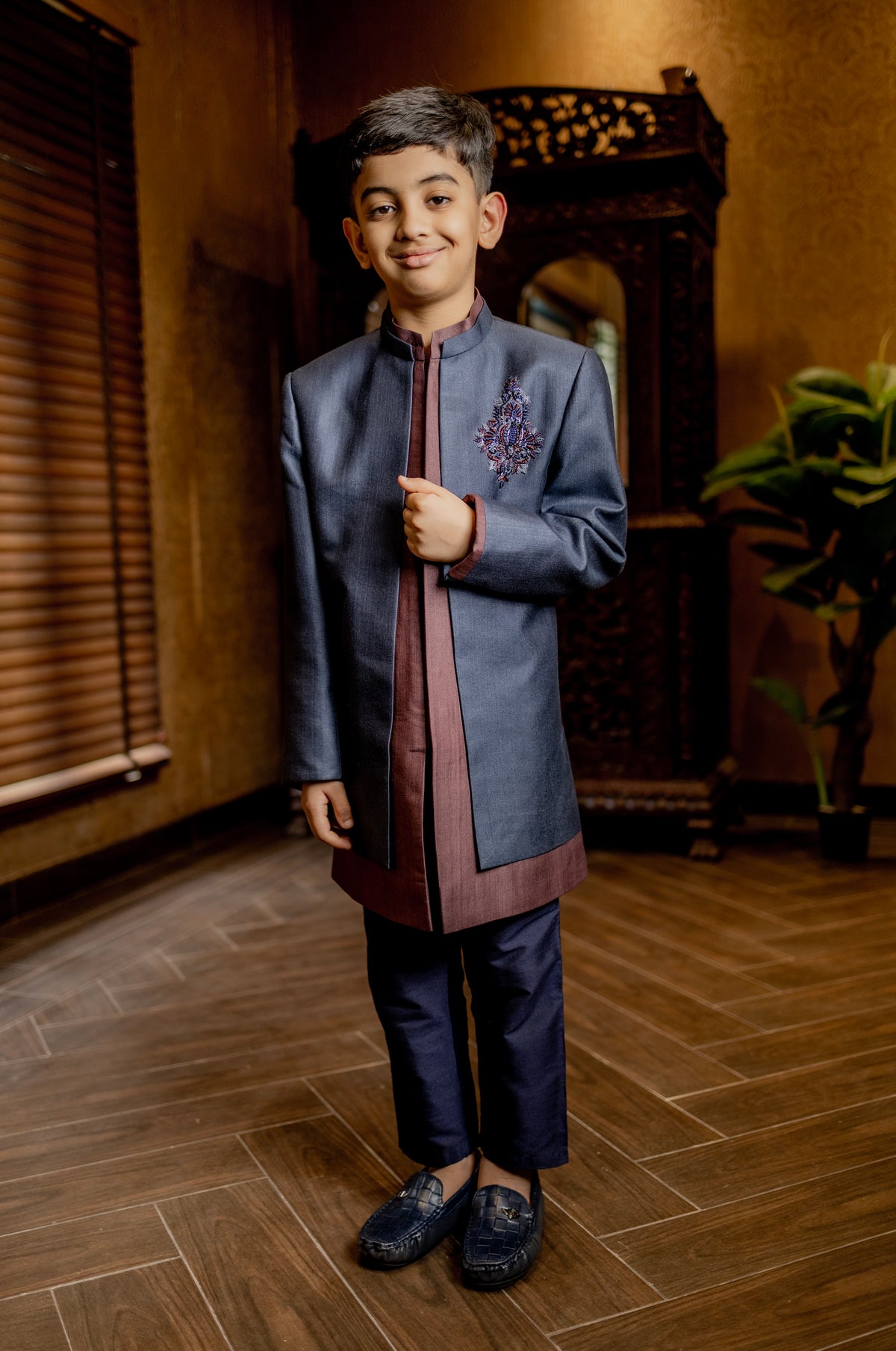 BLUE INDOWESTERN WITH HAND EMBROIDERD BUTA ON CHEST