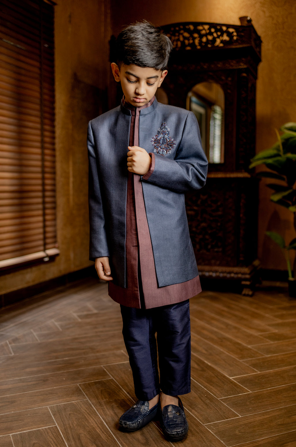 BLUE INDOWESTERN WITH HAND EMBROIDERD BUTA ON CHEST