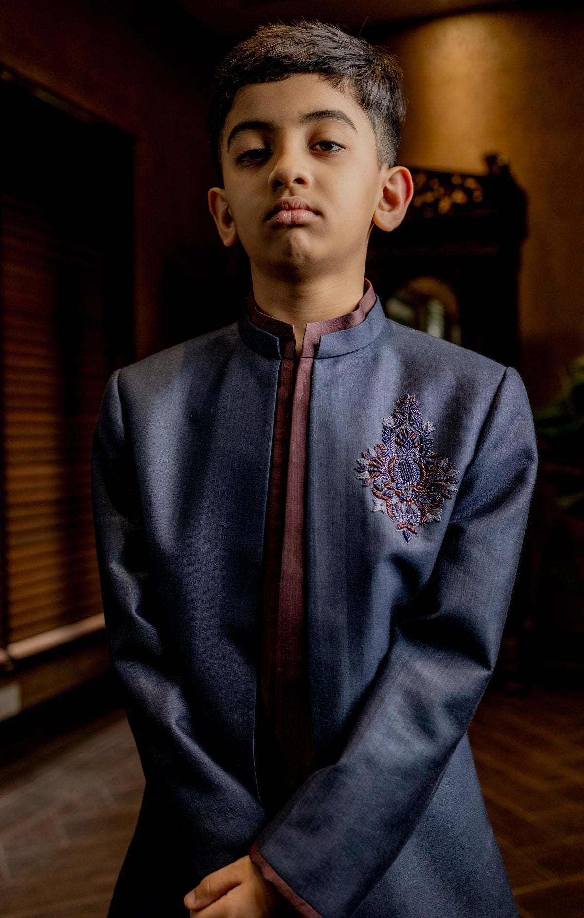 BLUE INDOWESTERN WITH HAND EMBROIDERD BUTA ON CHEST
