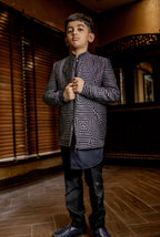 BLACK AND GREY GEOMETRICAL EMBPRIDERED BOMBER JACKET WITH KURTA