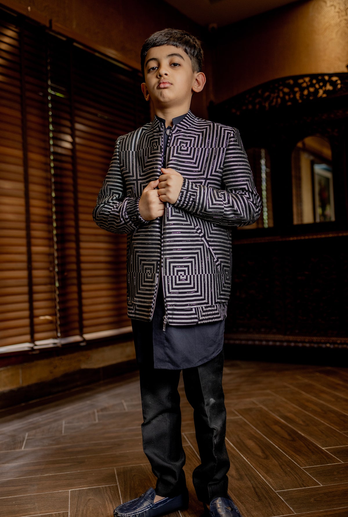 BLACK AND GREY GEOMETRICAL EMBPRIDERED BOMBER JACKET WITH KURTA