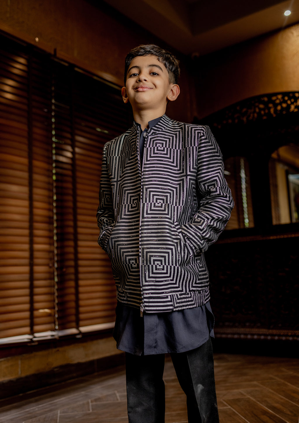 BLACK AND GREY GEOMETRICAL EMBPRIDERED BOMBER JACKET WITH KURTA