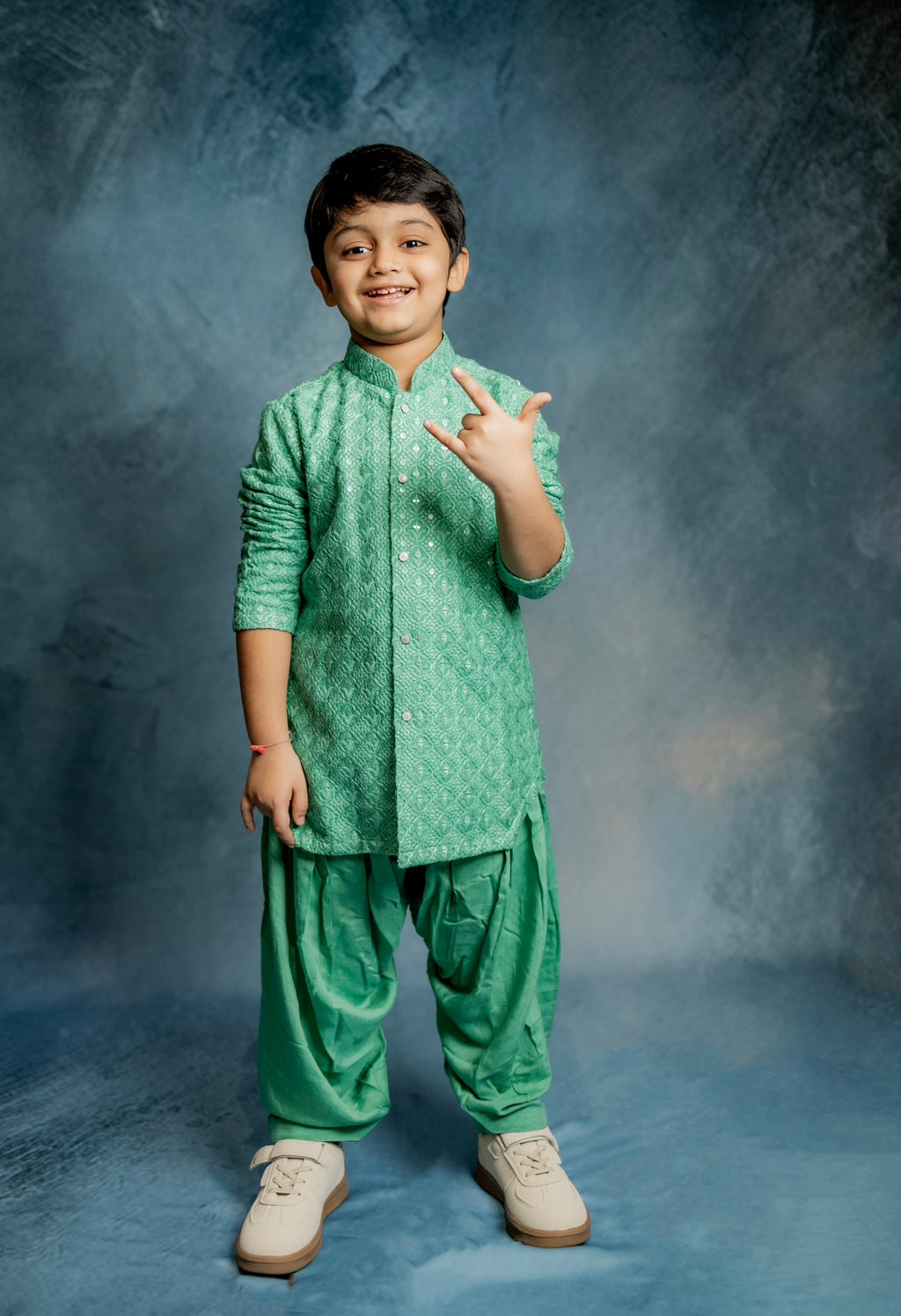 GREEN LUCKNOWI KURTA WITH PATIYALA