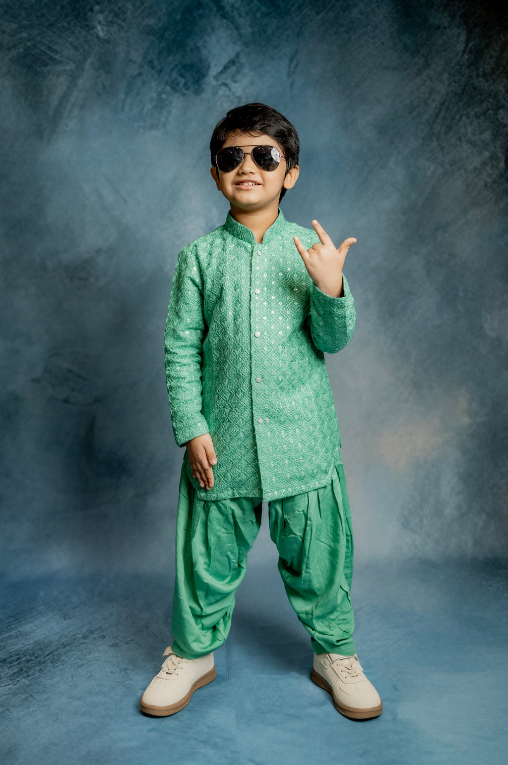 GREEN LUCKNOWI KURTA WITH PATIYALA