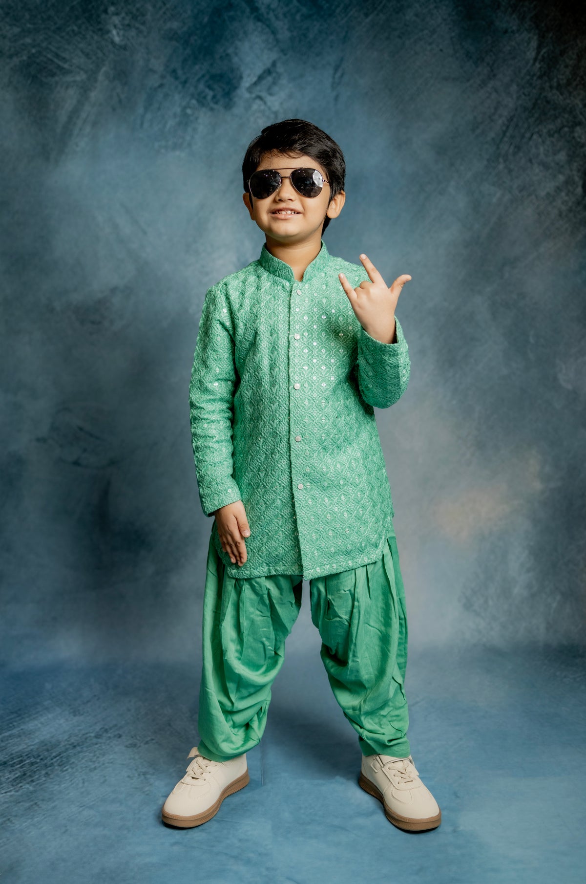 GREEN LUCKNOWI KURTA WITH PATIYALA