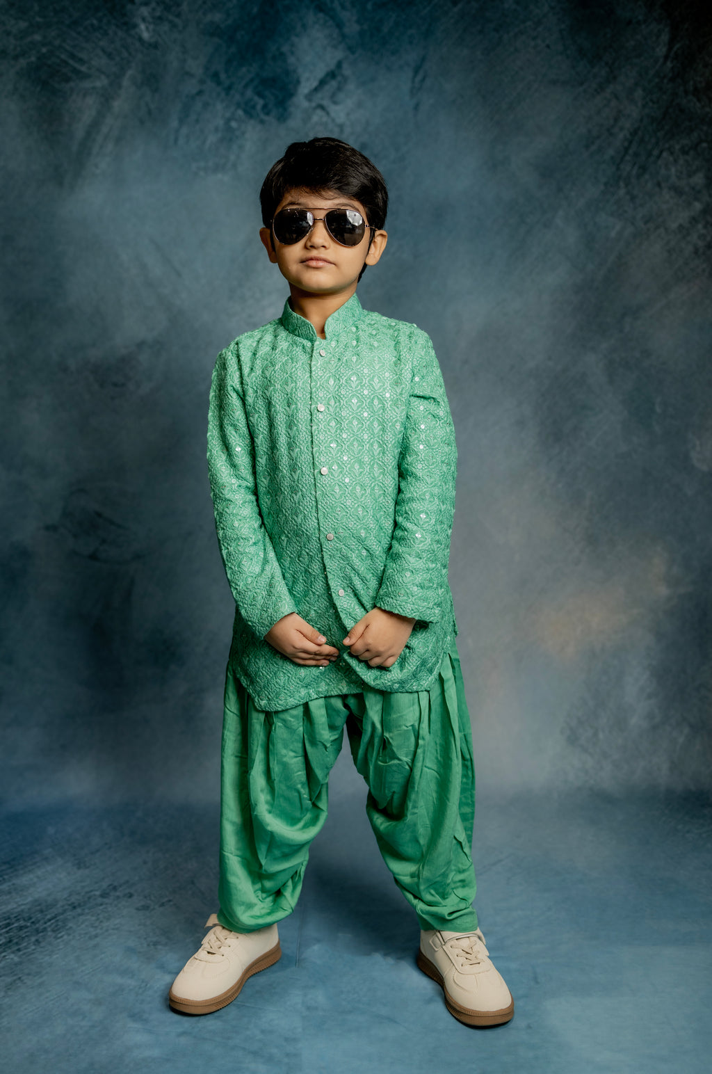 GREEN LUCKNOWI KURTA WITH PATIYALA