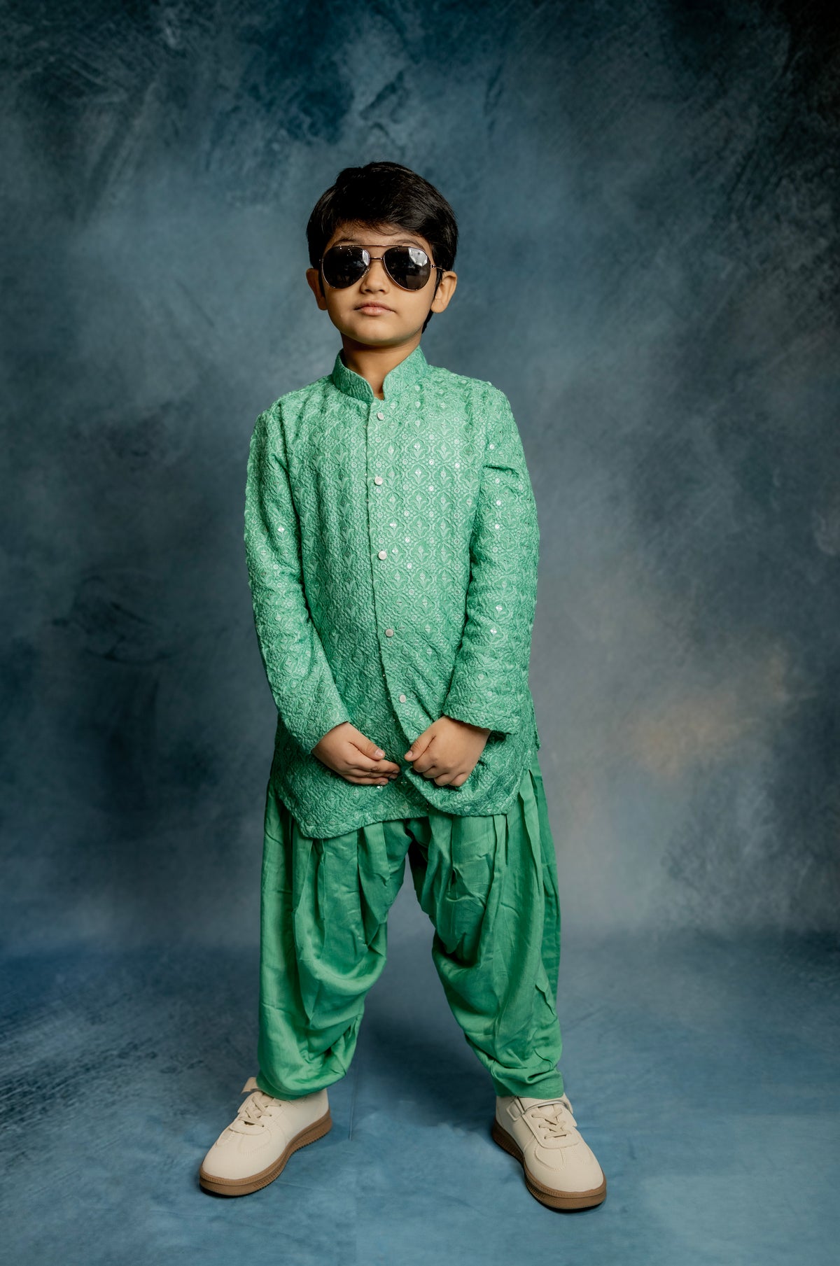 GREEN LUCKNOWI KURTA WITH PATIYALA