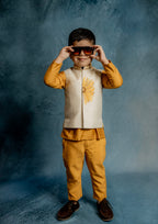 CREAM BUNDI AND MUSTERD KURTA WITH SUNFLOWER EMBROIDERY
