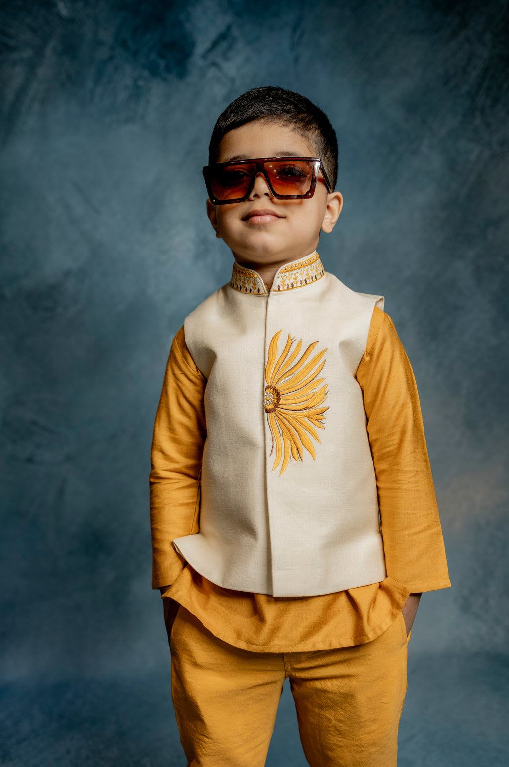 CREAM BUNDI AND MUSTERD KURTA WITH SUNFLOWER EMBROIDERY