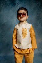 CREAM BUNDI AND MUSTERD KURTA WITH SUNFLOWER EMBROIDERY