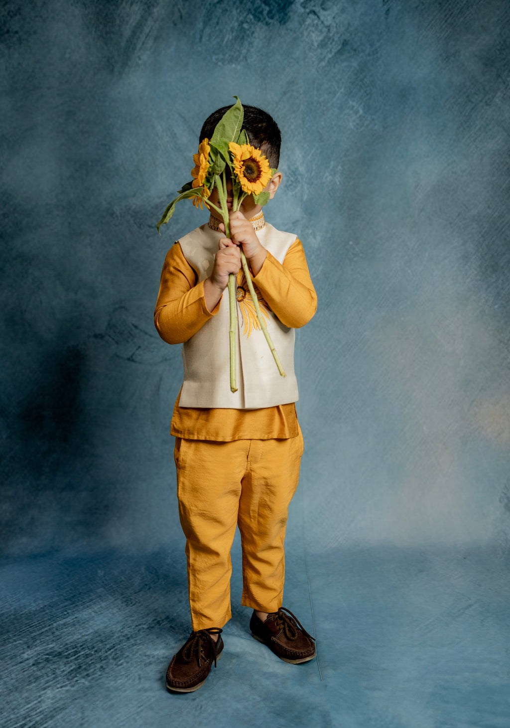 CREAM BUNDI AND MUSTERD KURTA WITH SUNFLOWER EMBROIDERY
